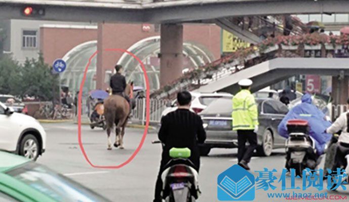 小伙骑马街头闲逛